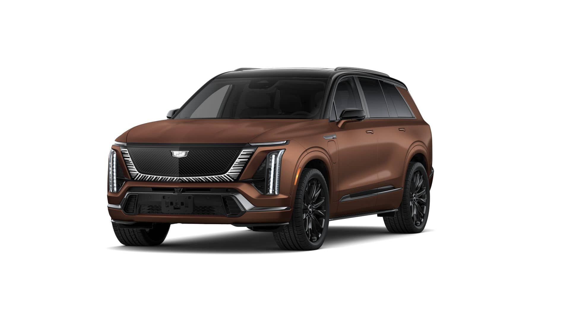 2027 Cadillac VISTIQ Platinum in Adobe Frost — front three-quarter view
