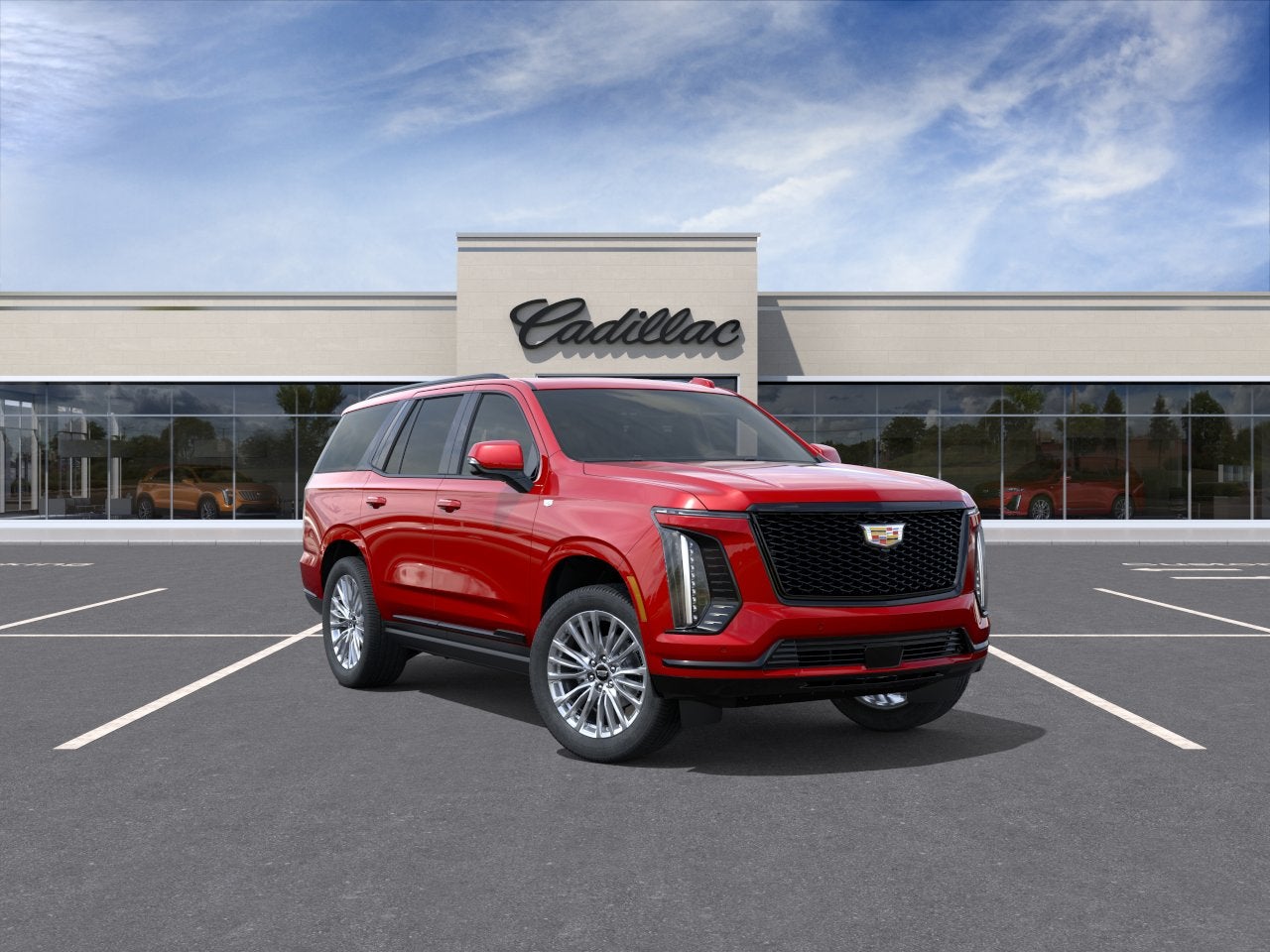 2026 Cadillac Escalade Platinum Sport in Radiant Red Tintcoat — front three-quarter view
