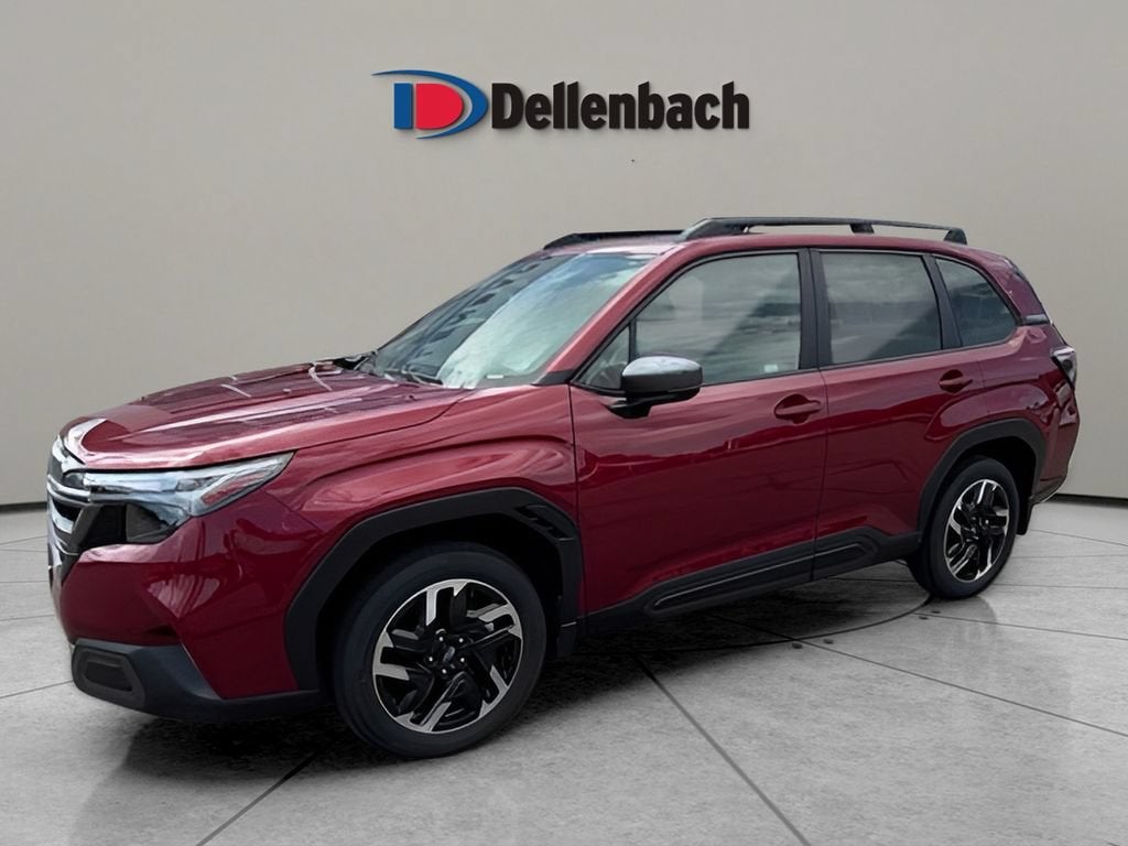 2026 Subaru Forester Limited in Crimson Red Pearl — front three-quarter view